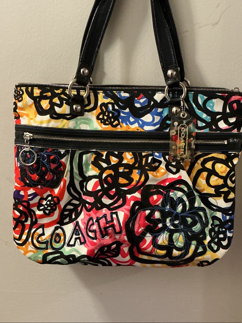 Coach Poppy RARE Multicolor Graffiti Floral Tote with Black Handles